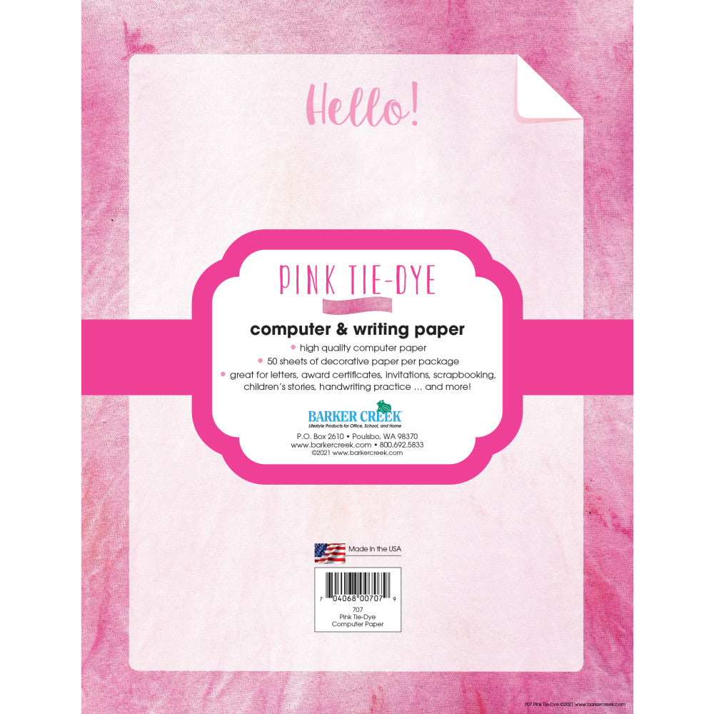 Barker Creek Designer Computer Paper, 8-1/2in x 11in, Pink Tie-Dye, Pack Of 50 Sheets