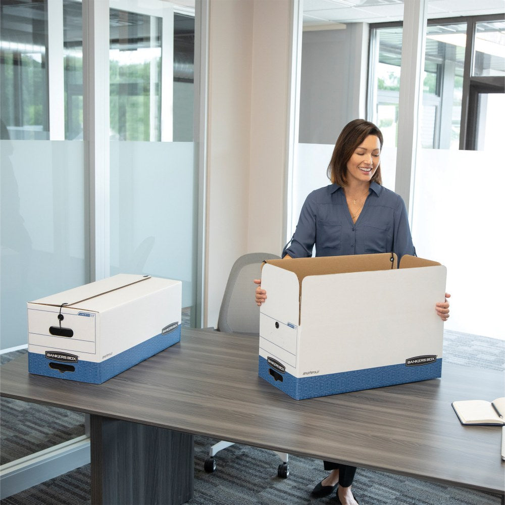 Bankers Box Liberty FastFold Heavy-Duty Storage Boxes With Locking Lift-Off Lids And Built-In Handles, Letter Size, White/Blue, 60% Recycled, 24 x 15in x 10in, Case Of 4