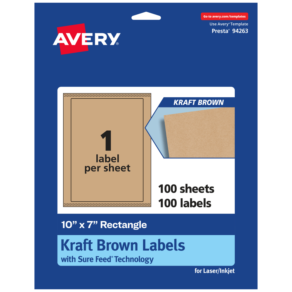 Avery Kraft Permanent Labels With Sure Feed, 94263-KMP100, Rectangle, 10in x 7in, Brown, Pack Of 100