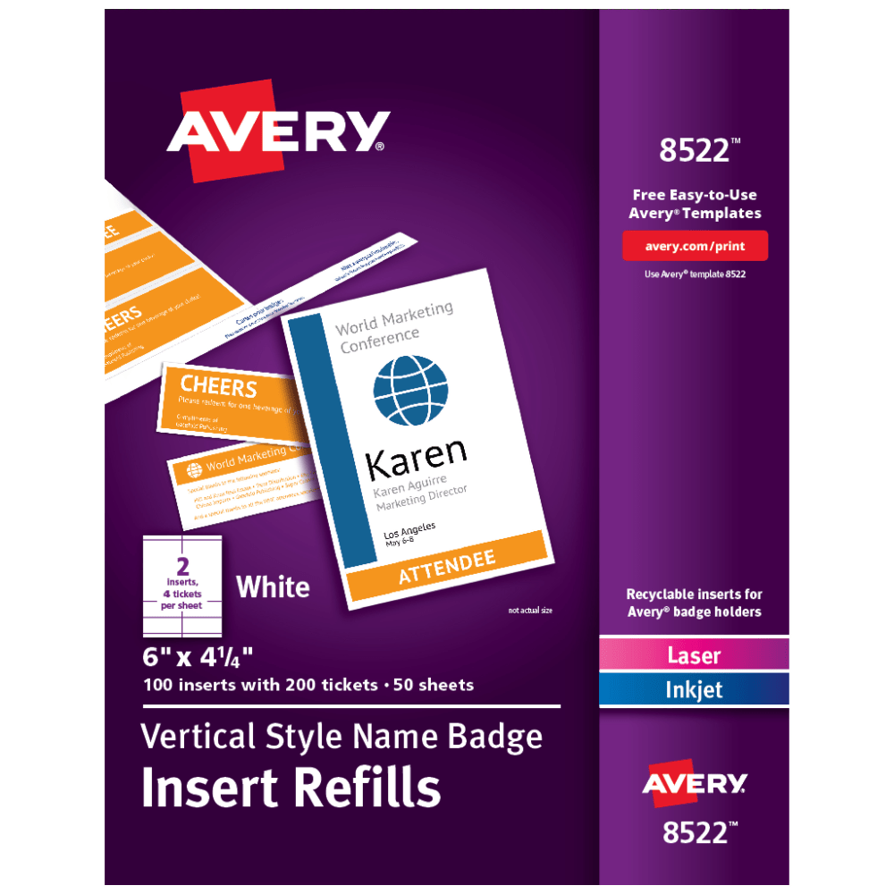 Avery Vertical Name Badge Inserts, 6in x 4 1/4in, White, Box Of 100 Inserts