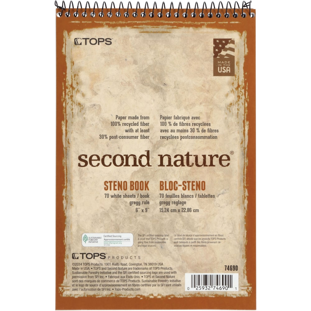 TOPS Second Nature Spiral Steno Notebook - 70 Sheets - Spiral - 0.34in Ruled - 15 lb Basis Weight - 6in x 9in - 1in x 6in9in - White Paper - Blue, Gray, Brown Cover - Acid-free - Recycled - 4 / Pack