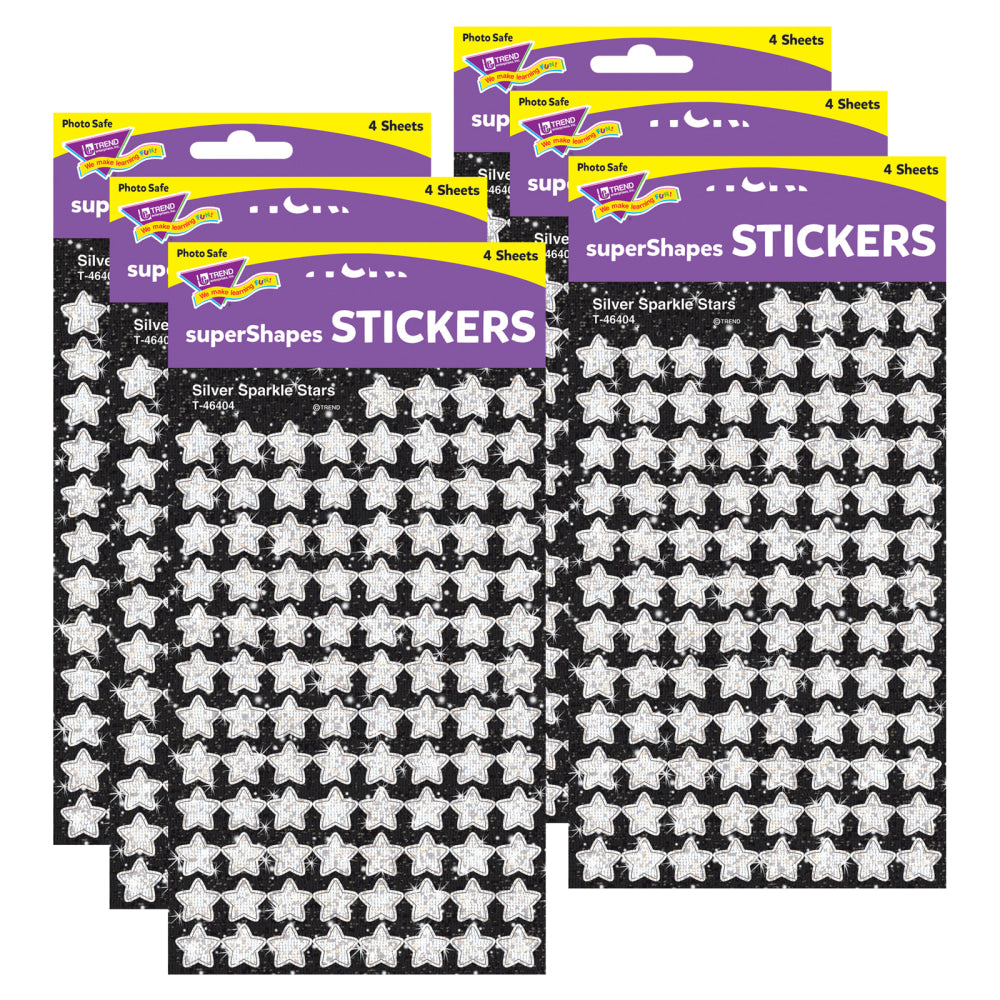 Trend superShapes Stickers, Silver Sparkle Stars, 400 Stickers Per Pack, Set Of 6 Packs