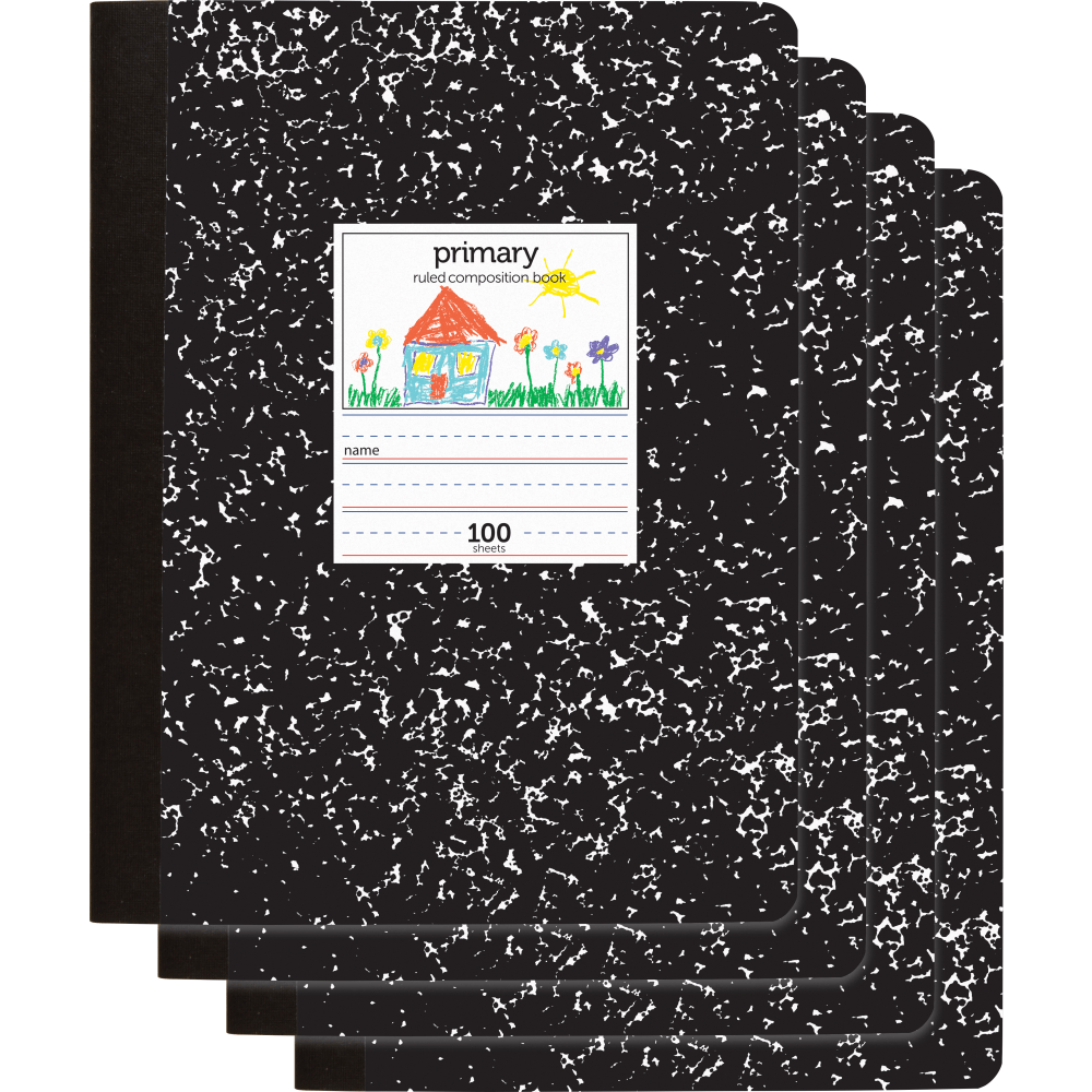 Office Depot Brand Primary Composition Books, 7-1/2in x 9-3/4in, Unruled/Primary Ruled, Black, 100 Sheets Per Pad, Pack Of 4 Books