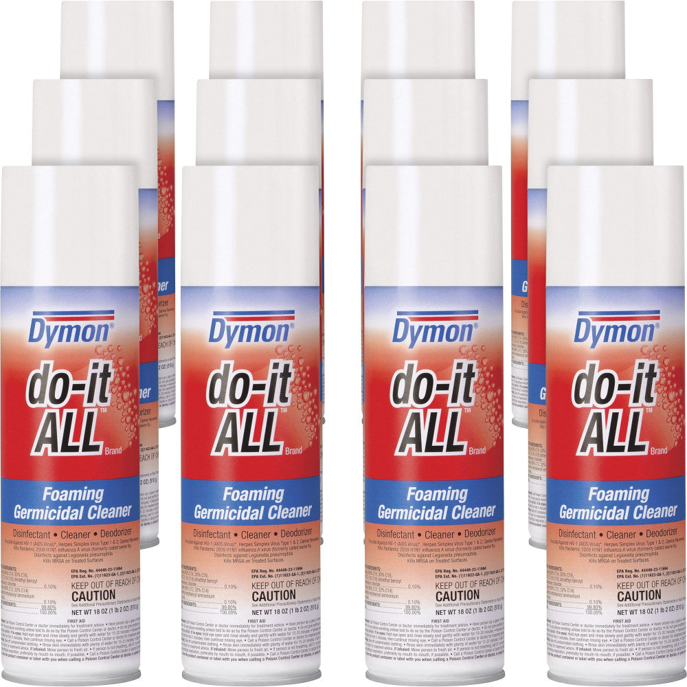 Dymon Do-It-All Foaming Germicidal Cleaner - Aerosol - 18 fl oz (0.6 quart) - 12 / Carton - White