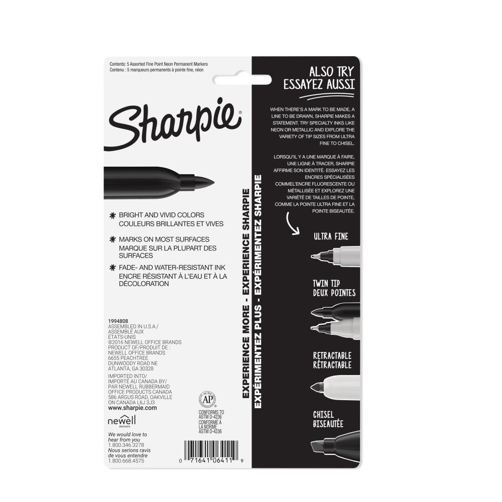 Sharpie Neon Permanent Markers, Fine Point, Assorted Colors, Pack Of 5