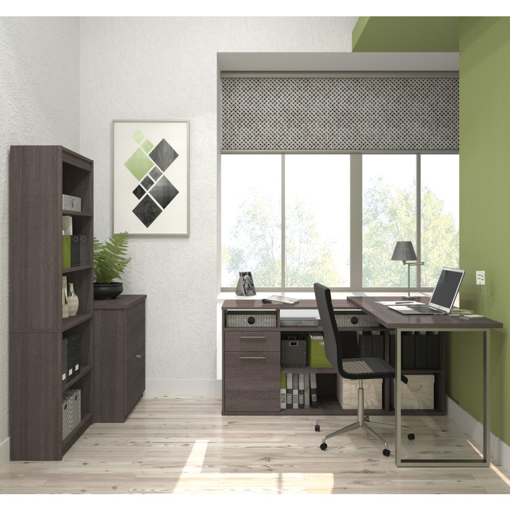 Bestar Solay 118inW L-Shaped Corner Desk With Lateral File Cabinet And Bookcase, Bark Gray