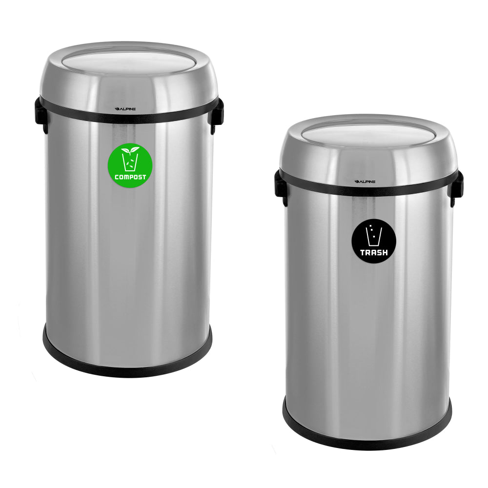 Alpine Industries Stainless Steel Indoor Compost And Trash Bins With Swivel Lids, 17 Gallons, Silver, Pack Of 2 Bins