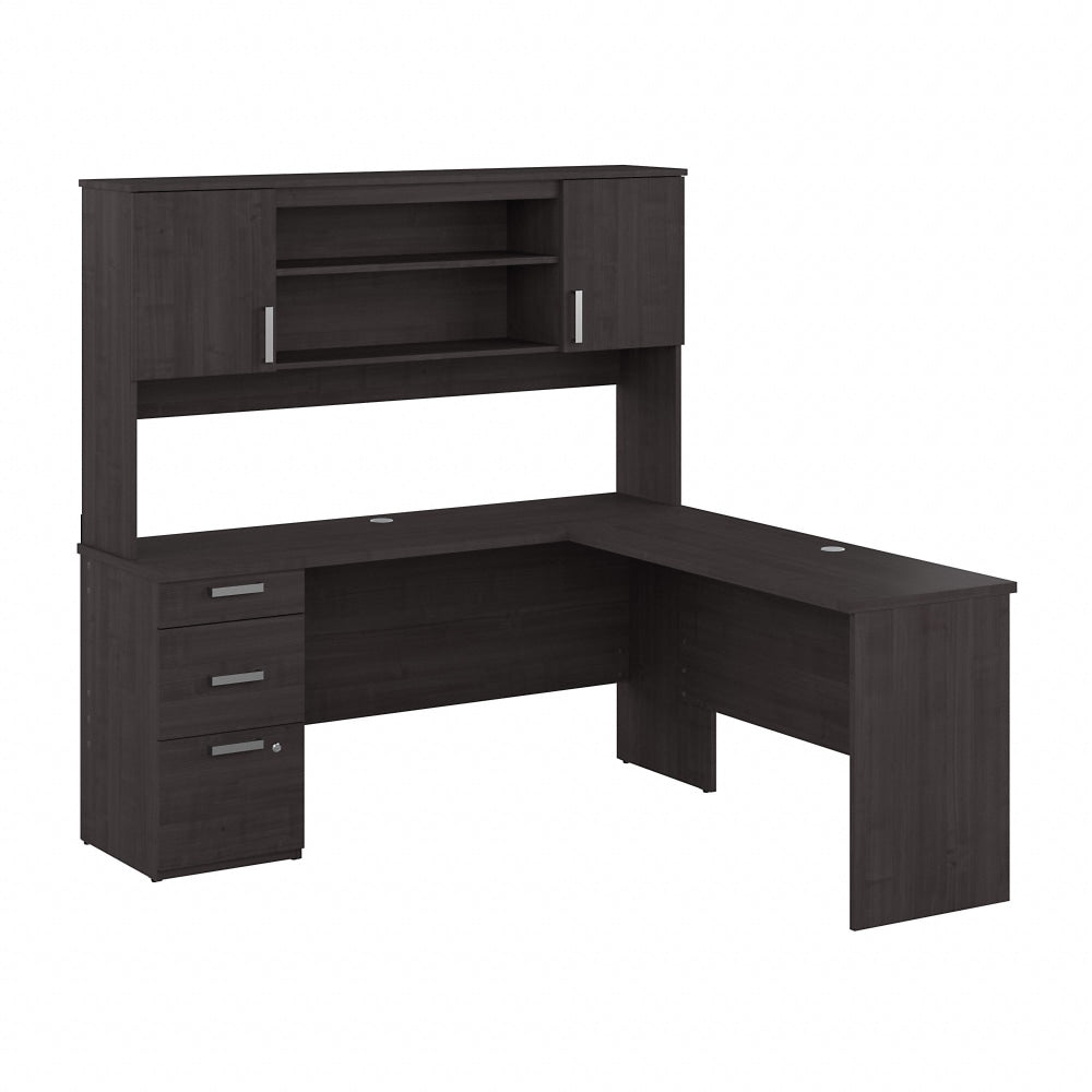 Bestar Ridgeley 65inW L-Shaped Corner Desk With Hutch, Charcoal Maple