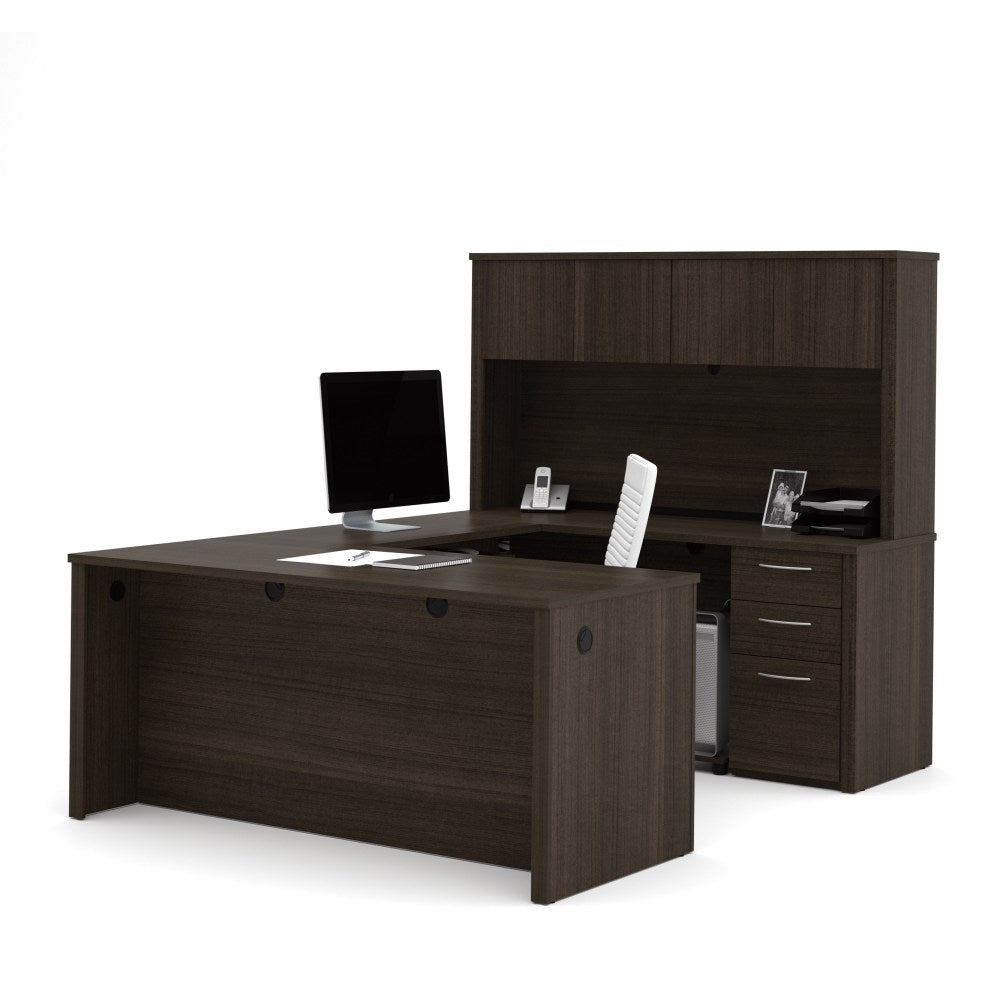 Bestar Embassy 66inW U-Shaped Executive Computer Desk With Pedestal And Hutch, Dark Chocolate