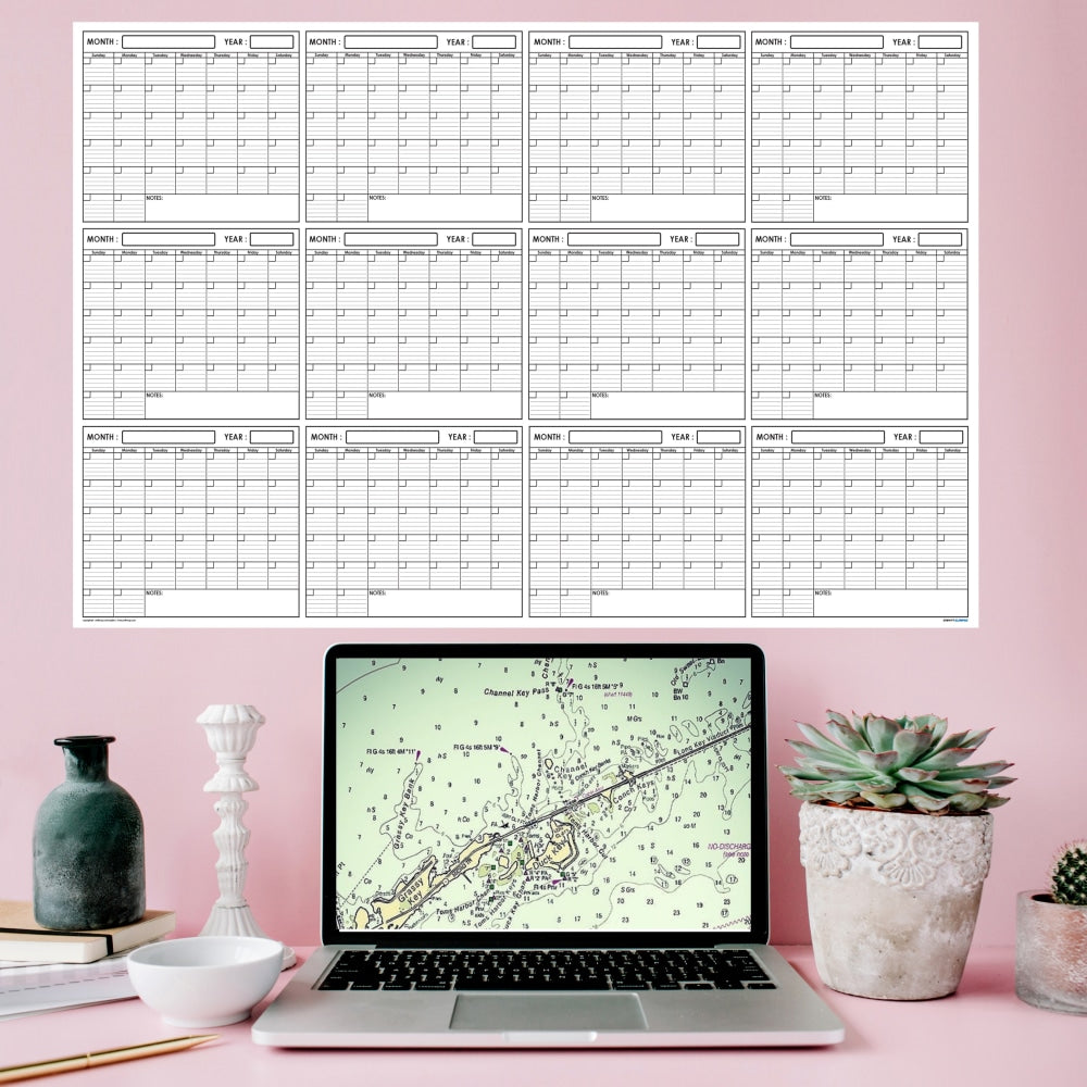 SwiftGlimpse Yearly Wall Calendar Planner, 36in x 48in, Black/White, Undated