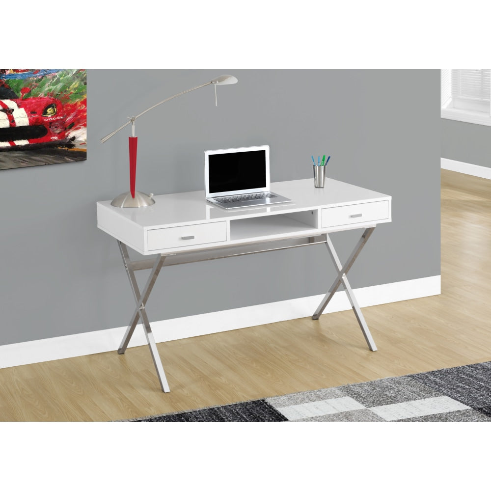 Monarch Specialties Contemporary 48inW Computer Desk With Criss-Cross Legs, Chrome/White