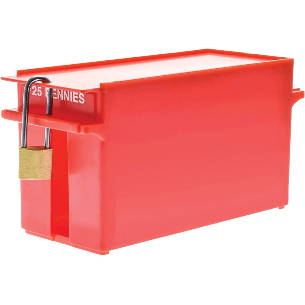 Nadex Coins AEX1-1016 Large Capacity Rolled Coin Storage Box (Pennies) - External Dimensions: 3.8in Length x 9.6in Width x 4.4in Height - 2500 x Coin - Padlock, Zipper Closure - Stackable - Red - For Coin, Transportation