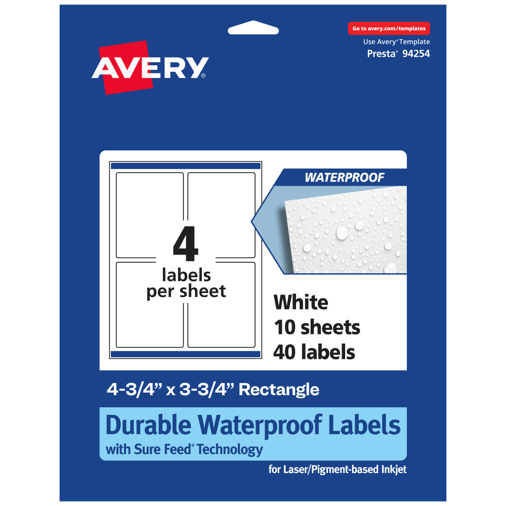 Avery Waterproof Permanent Labels With Sure Feed, 94254-WMF10, Rectangle, 4-3/4in x 3-3/4in, White, Pack Of 40