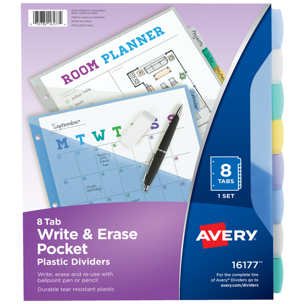 Avery Write & Erase Pocket Plastic Dividers For 3 Ring Binders, 9-1/4in x 11-1/4in, 8-Tab Set, Multicolor, 1 Set