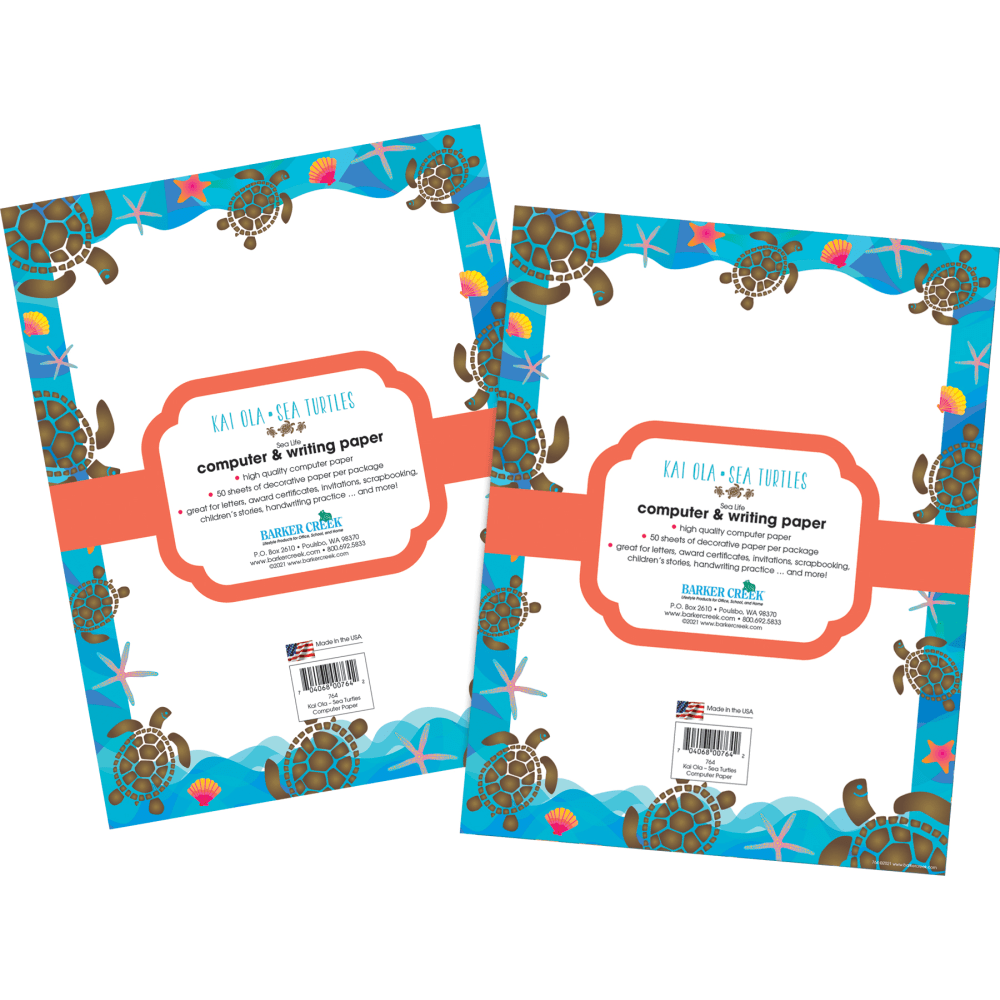 Barker Creek Designer Computer Paper, 8-1/2in x 11in, Kai Ola Sea Turtles, 50 Sheets Per Pack, Set Of 2 Packs