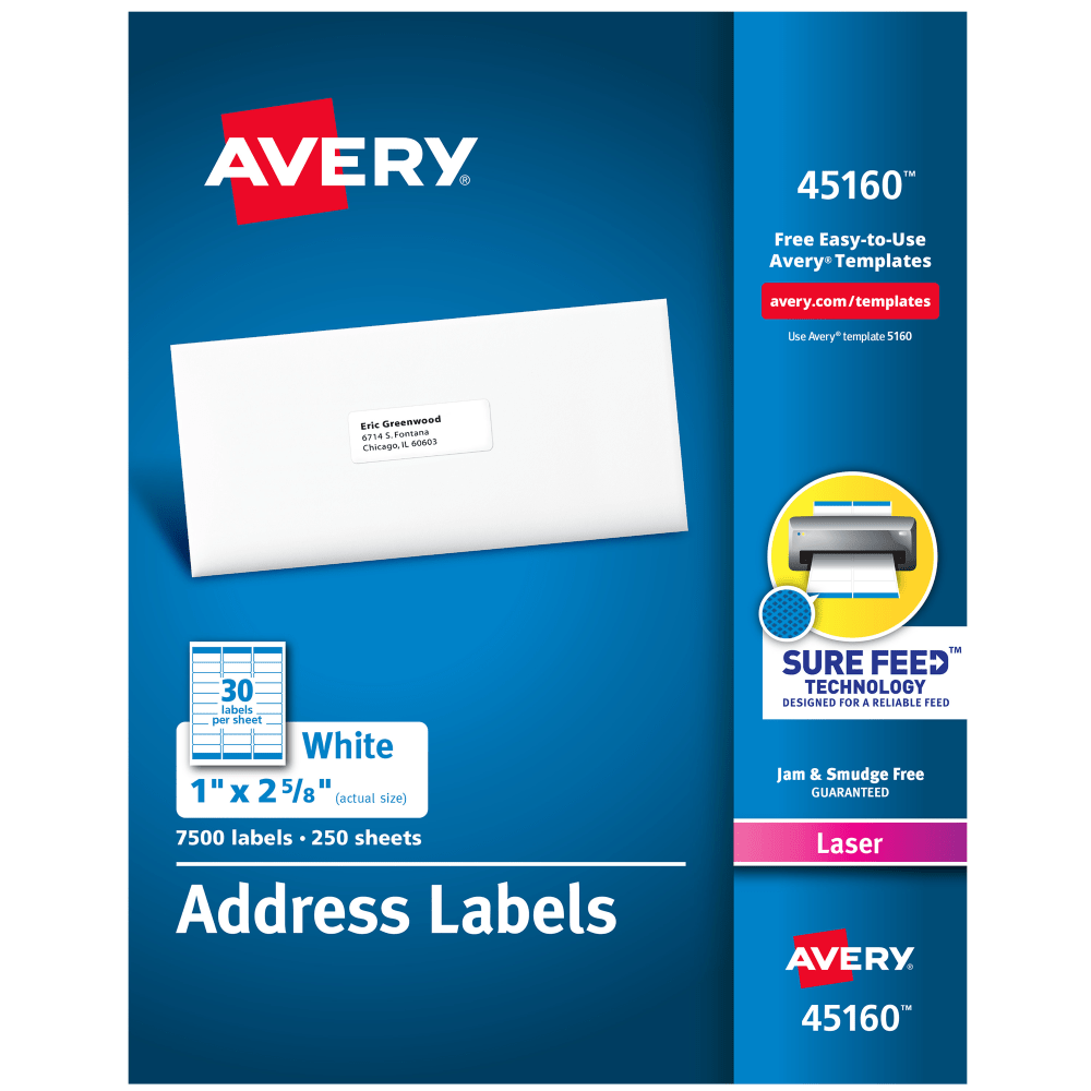 Avery Laser Address Labels With Sure Feed Technology, 45160, 1in x 2 5/8in, White, Pack Of 7,500