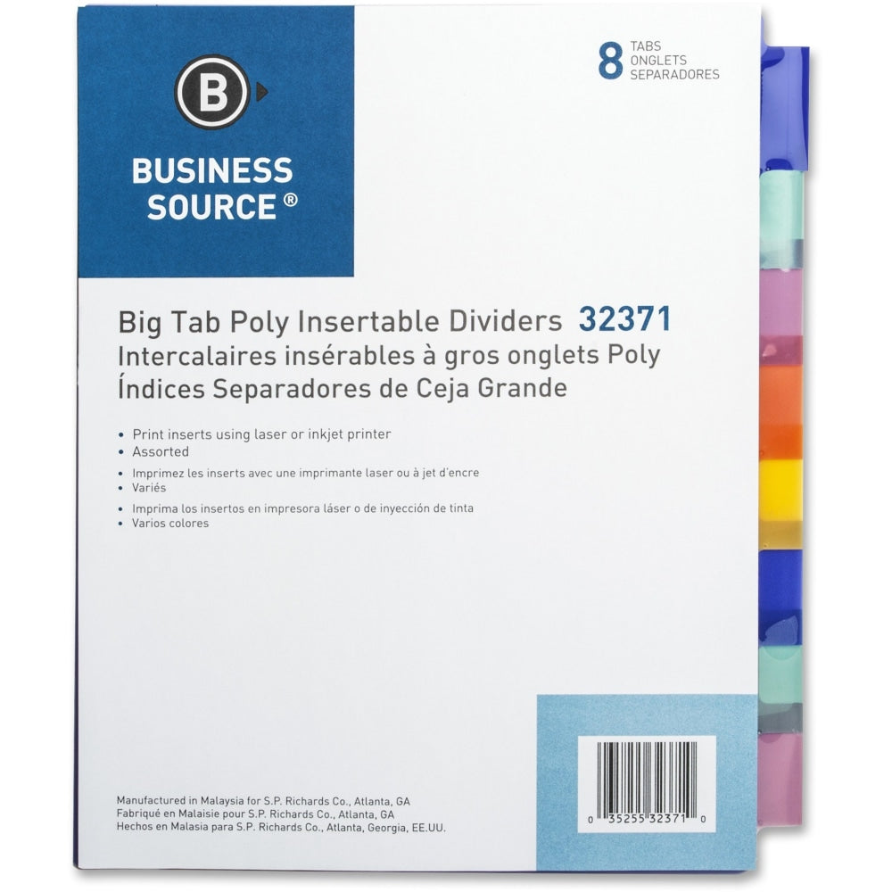 Business Source 3-Hole Poly Insert Index Dividers - 8 Print-on Tab(s) - 8.5in Divider Width x 11in Divider Length - Letter - Plastic Divider - Multicolor Tab(s) - Insertable - 8 / Set