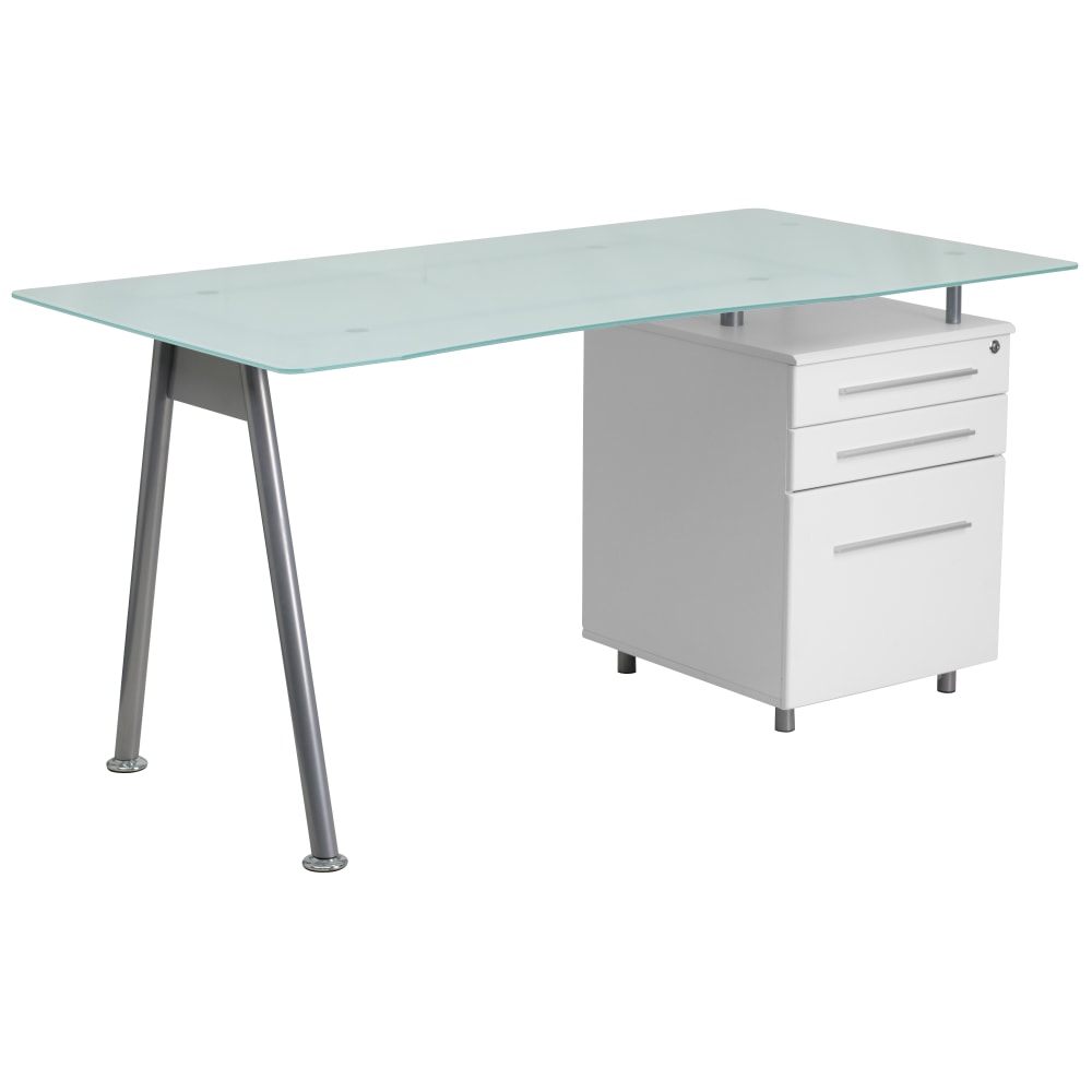 Flash Furniture Contemporary Glass 59inW Computer Desk With 3-Drawer Pedestal, Frost/White