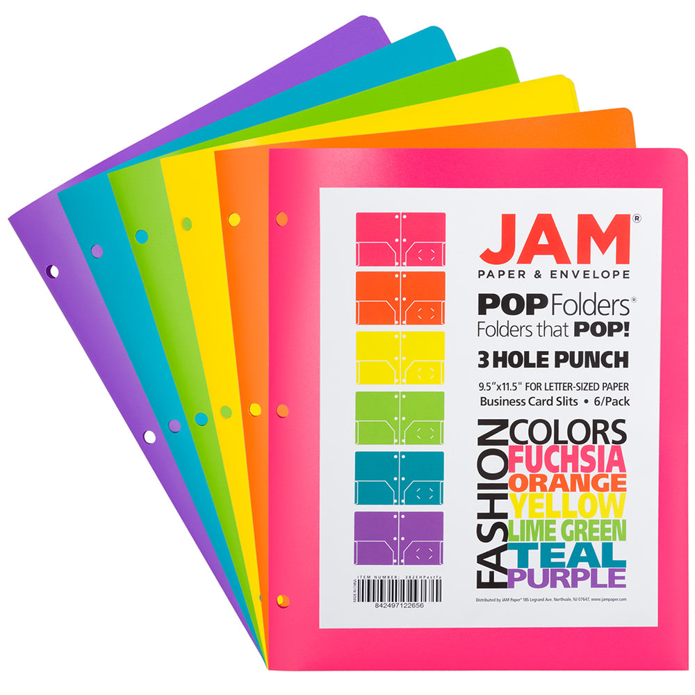 JAM Paper POP Plastic 3-Hole Punched 2-Pocket School Folders, 9-1/2in x 11-1/2in, Assorted Fashion, Pack Of 6 Folders