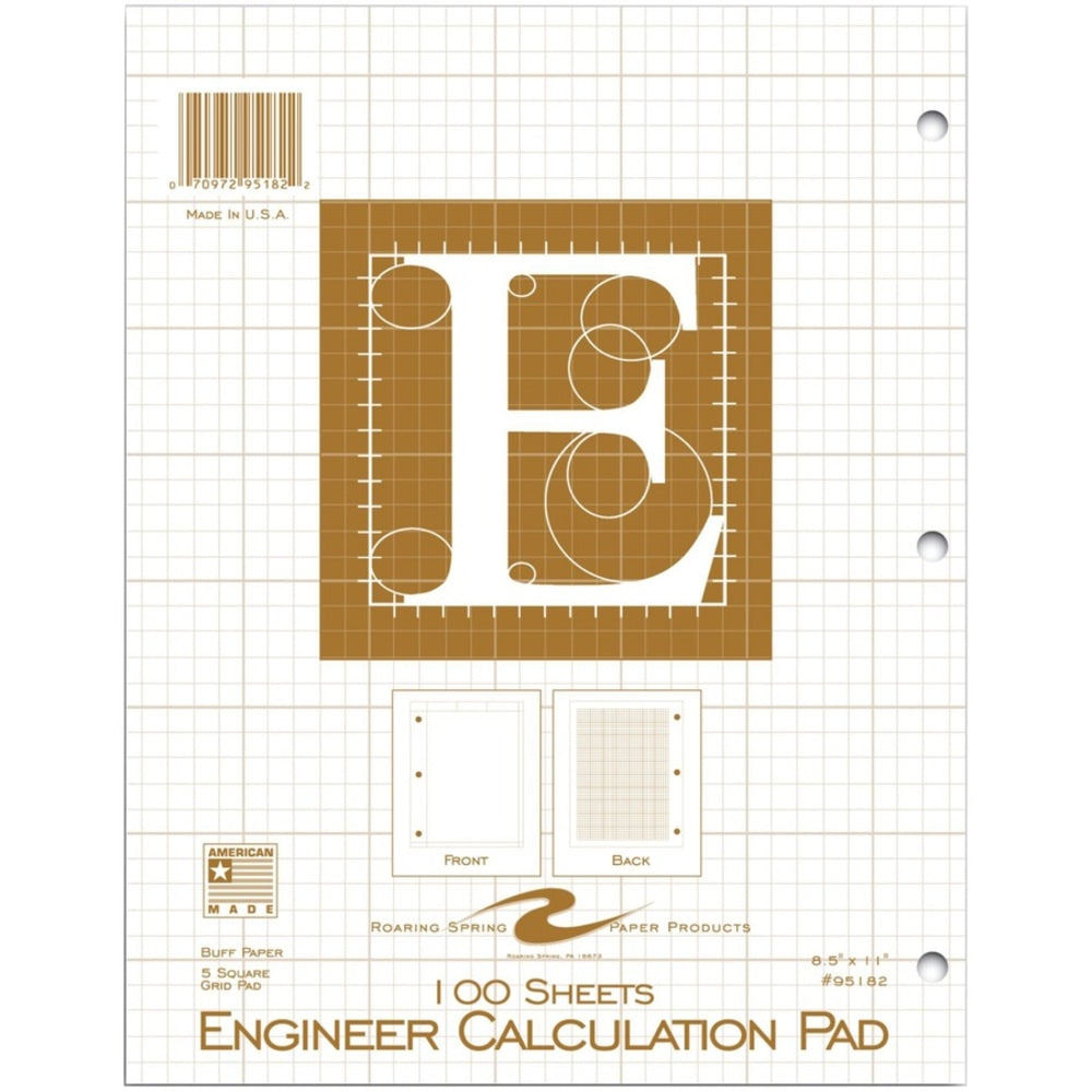 Roaring Spring 5x5 Grid Engineering Pad, 15# Buff, 3 Hole Punched, 8.5in x 11in 100 Sheets, Buff Paper