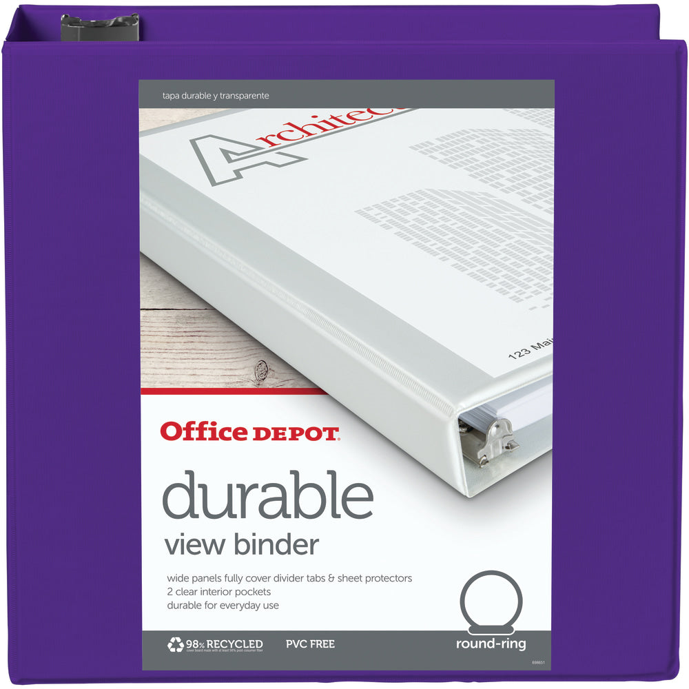 Office Depot Brand Durable View 3-Ring Binder, 3in Round Rings, Purple