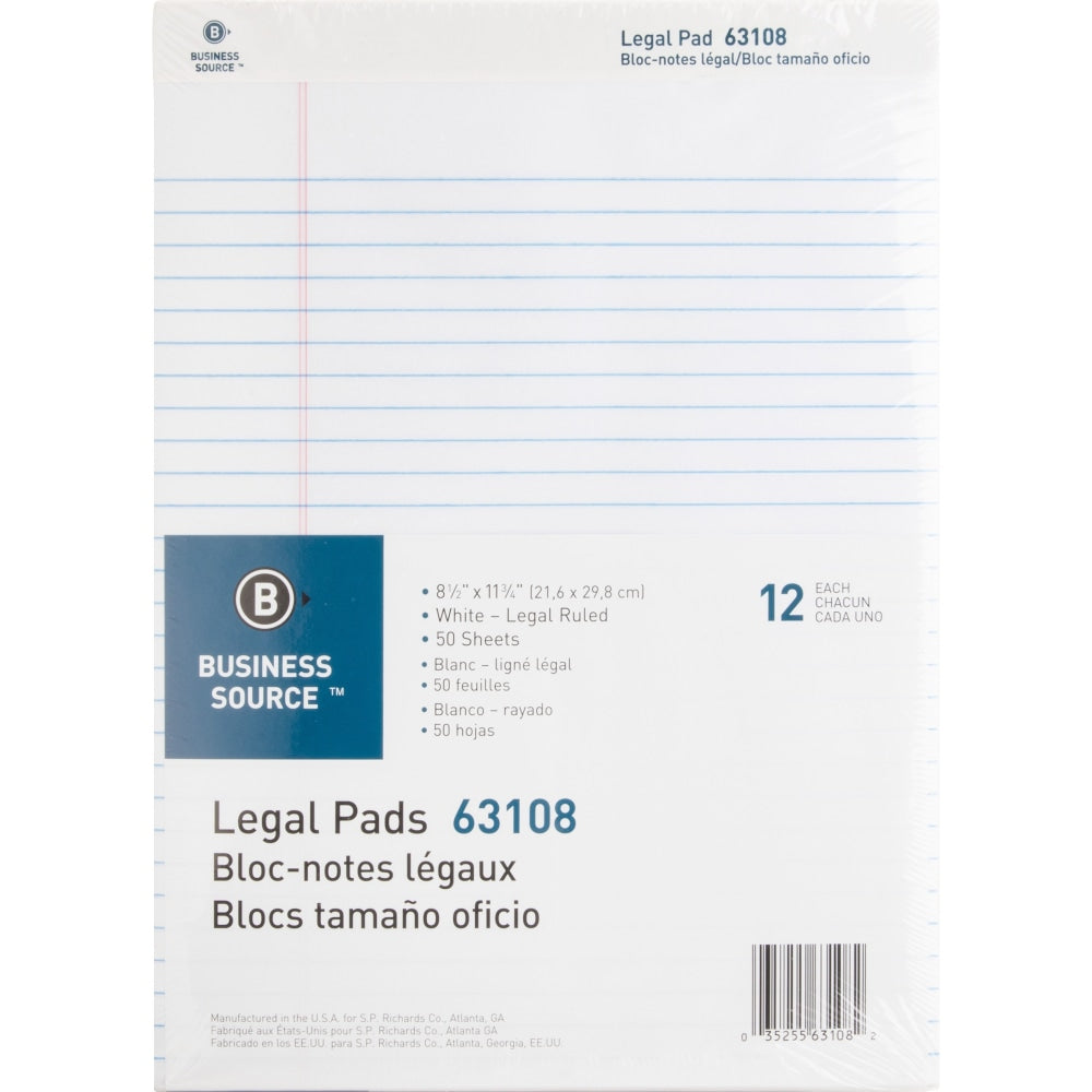 Business Source Micro-Perforated Legal Ruled Pads - 50 Sheets - 0.34in Ruled - 16 lb Basis Weight - 8 1/2in x 11 3/4in - White Paper - Micro Perforated, Easy Tear, Sturdy Back - 1 Dozen