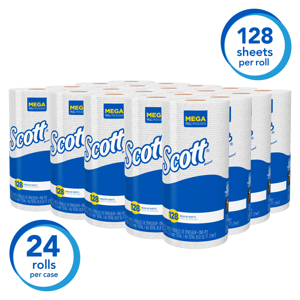 Scott 1-Ply Kitchen Paper Towels, 128 Sheets Per Roll, Pack Of 20 Rolls