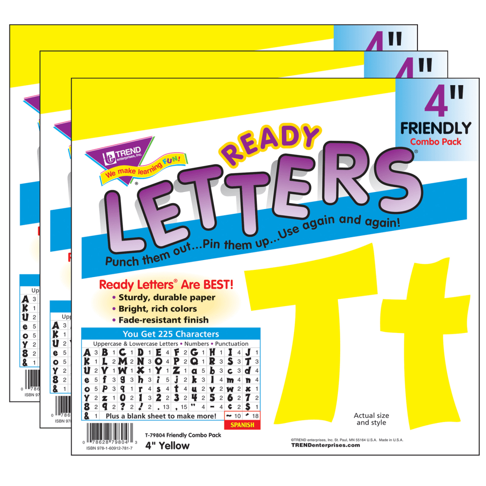 TREND Ready Letters, 4in, Friendly Combo, Yellow, Set Of 3 Packs