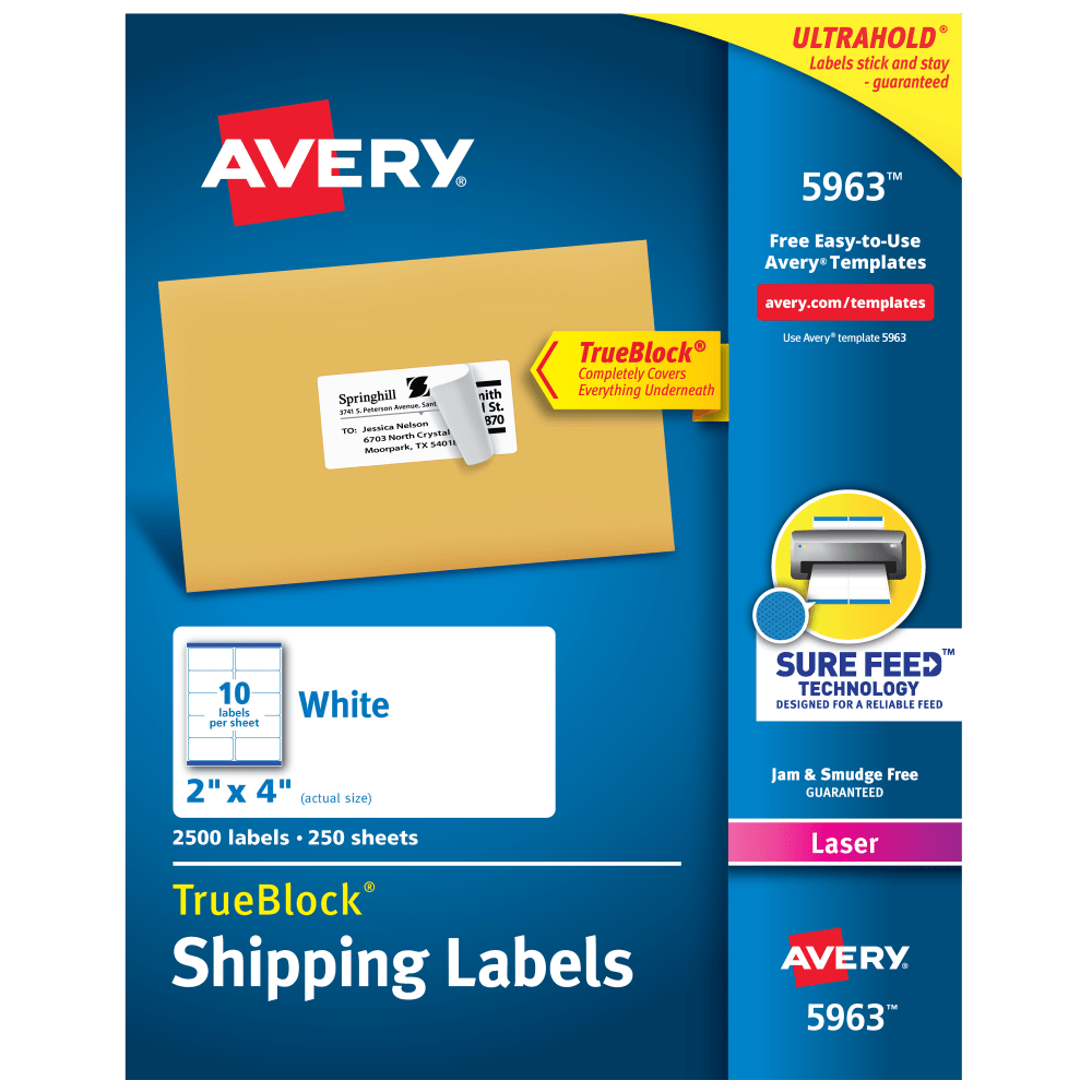 Avery TrueBlock Shipping Labels With Sure Feed Technology, 5963, Rectangle, 2in x 4in, White, Pack Of 2,500