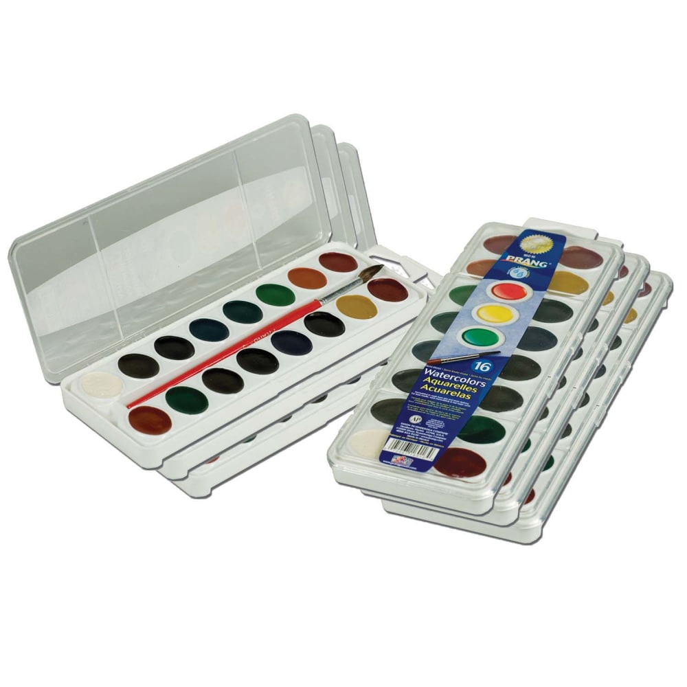 Prang Semi-Moist Washable Watercolor Sets, 1 Oz, Assorted Colors, 16 Colors Per Set, Pack Of 6 Sets