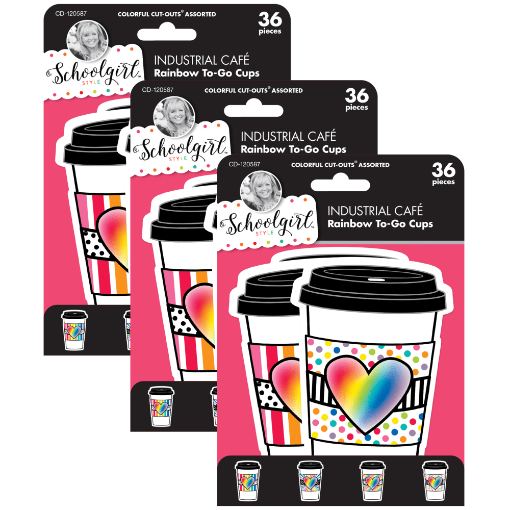 Carson Dellosa Education Cut-Outs, Schoolgirl Style Industrial Cafe Rainbow To-Go Cups, 36 Cut-Outs Per Pack, Set Of 3 Packs