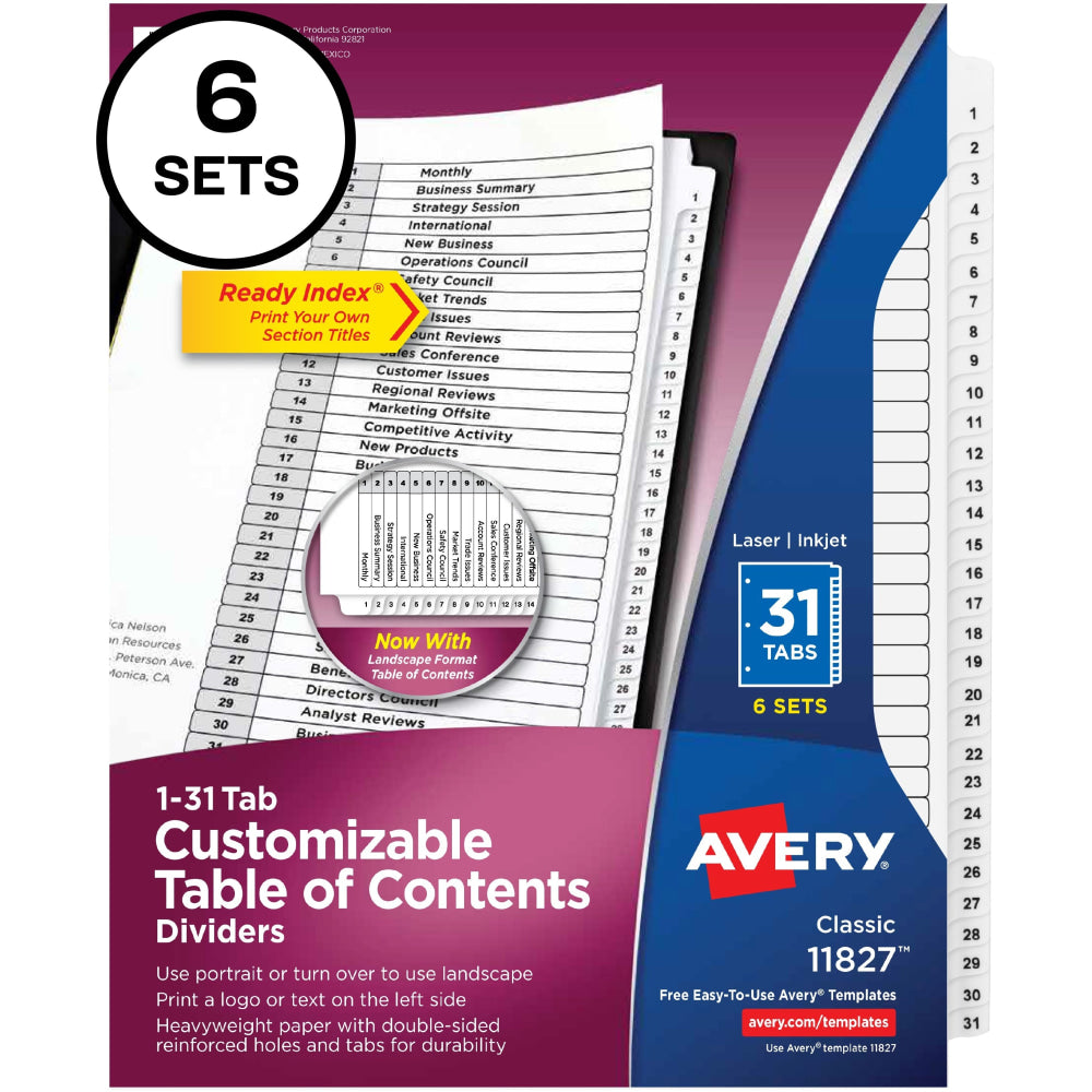 Avery Ready Index Dividers, 1-31 Tab & Customizable Table Of Contents, Letter Size, Black/White ,31 Dividers Per Pack, Set Of 6 Packs