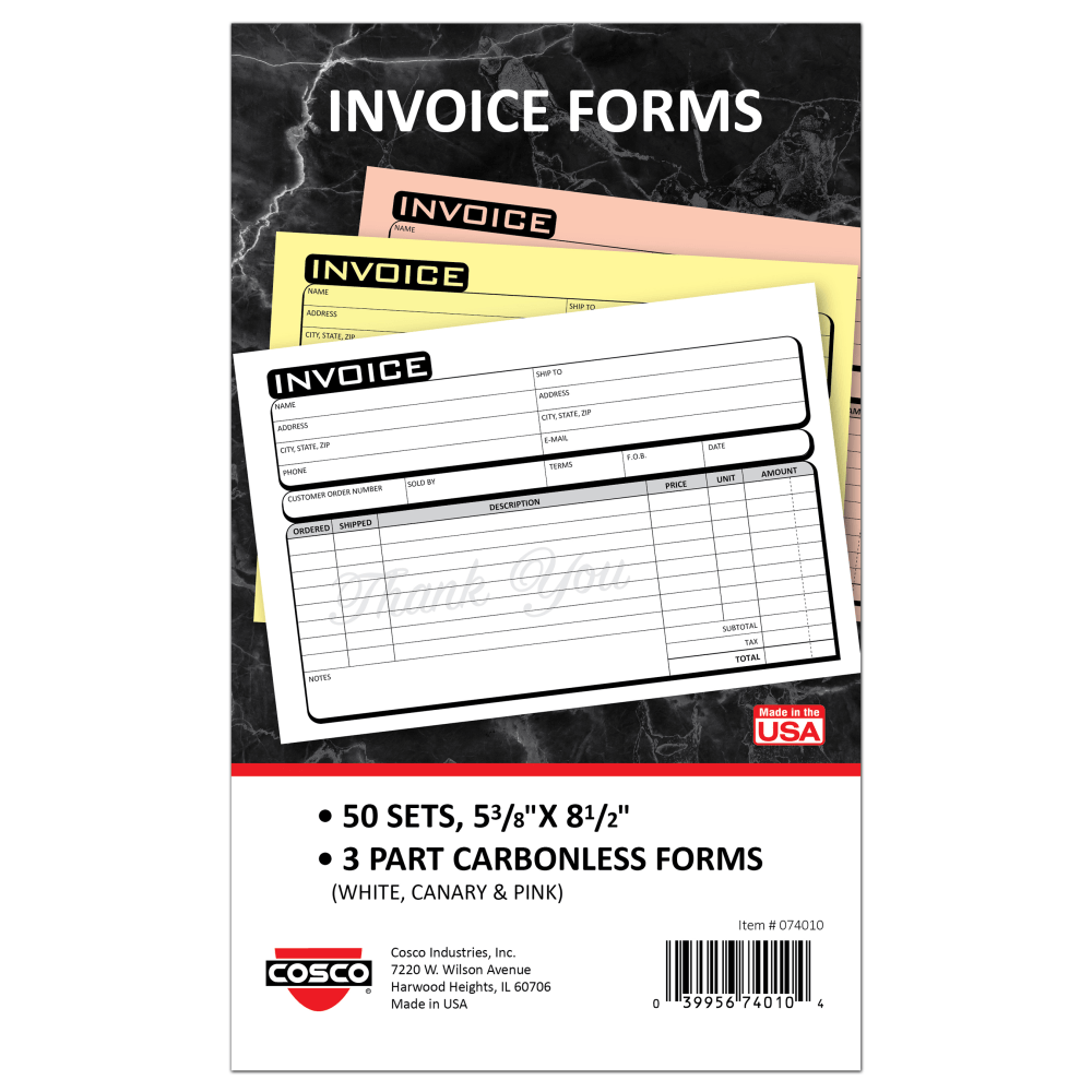 COSCO Service Invoice Form Book With Slip, 3-Part Carbonless, 5-3/8in x 8-1/2in, Business, Book Of 50 Sets