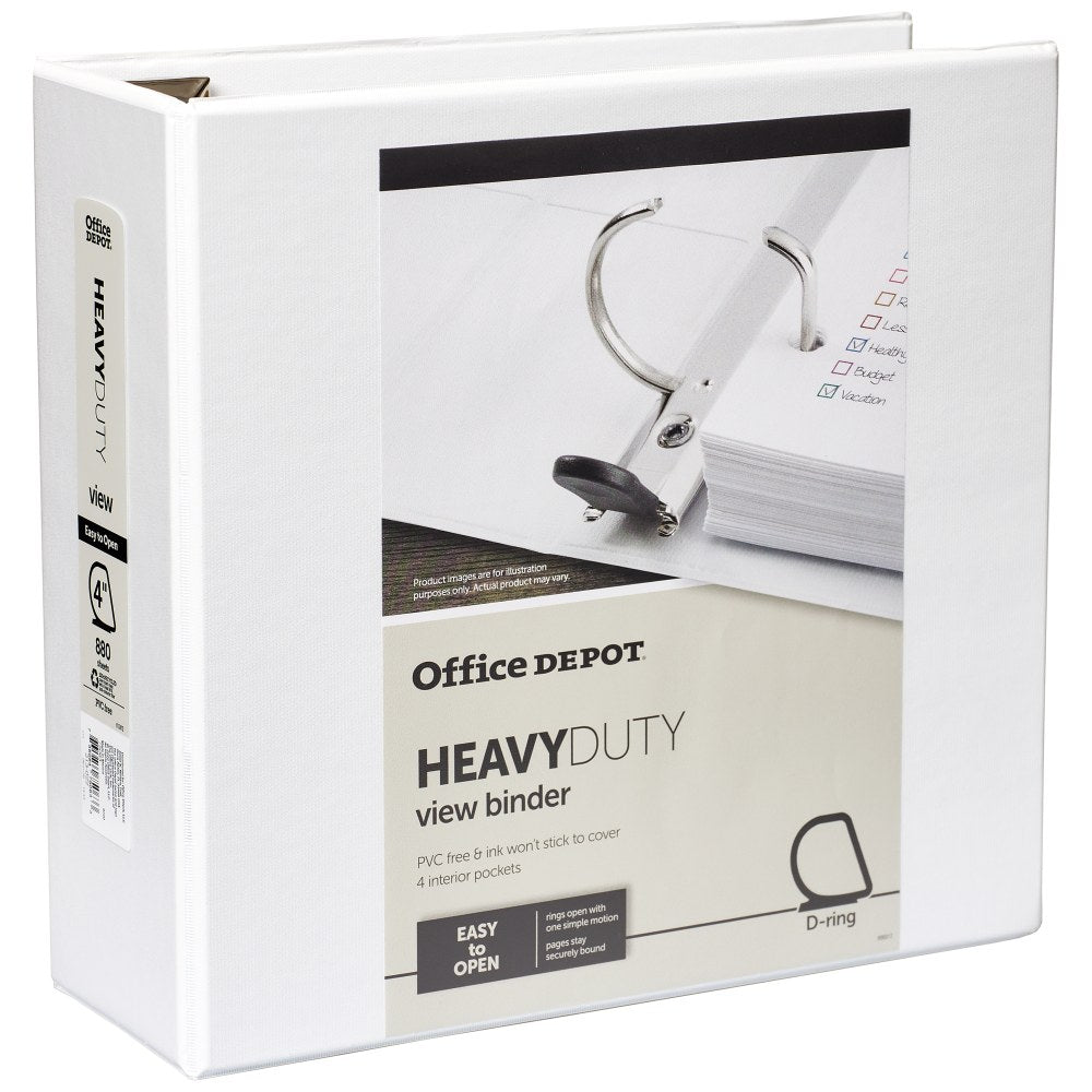 Office Depot Brand Heavy-Duty View 3-Ring Binder, 4in D-Rings, 49% Recycled, White