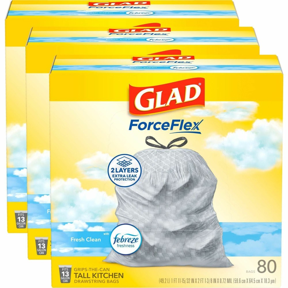 Glad ForceFlex Tall Kitchen Drawstring Trash Bags With Febreze Freshness, 13 Gallon, White, 80 Per Box, Carton Of 3 Boxes