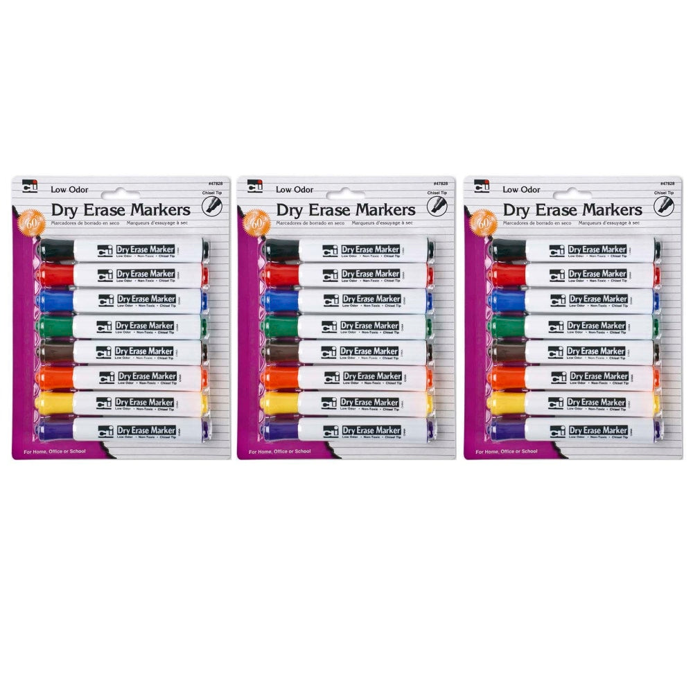 Charles Leonard Dry-Erase Markers, 8 Markers Per Pack, Set Of 3 Packs, Chisel Tip, Assorted Colors, 24 Markers