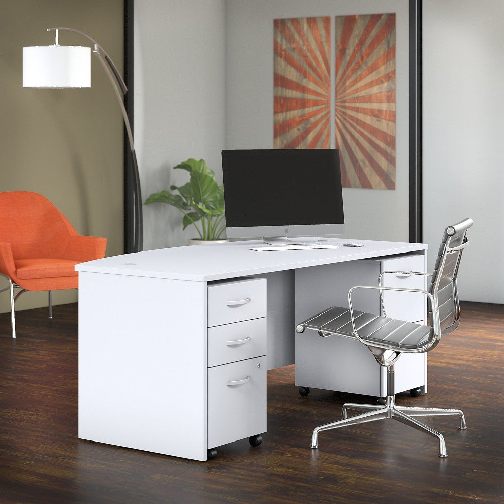 Bush Business Furniture Studio C 72inW Bow-Front Computer Desk With Mobile File Cabinets, White, Standard Delivery