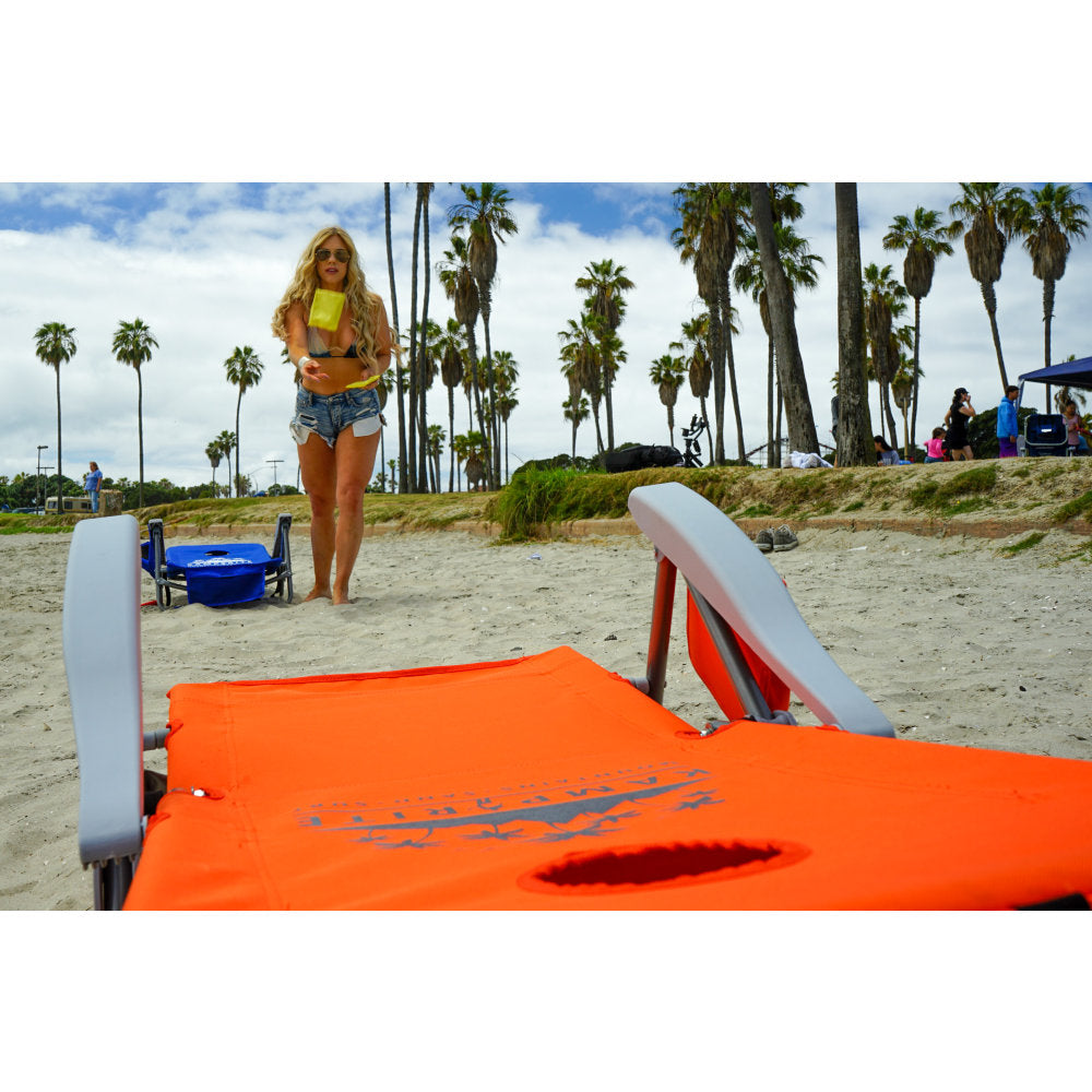 Kamp-Rite SAC-IT-UP Beach Chair With Cornhole Game, Orange