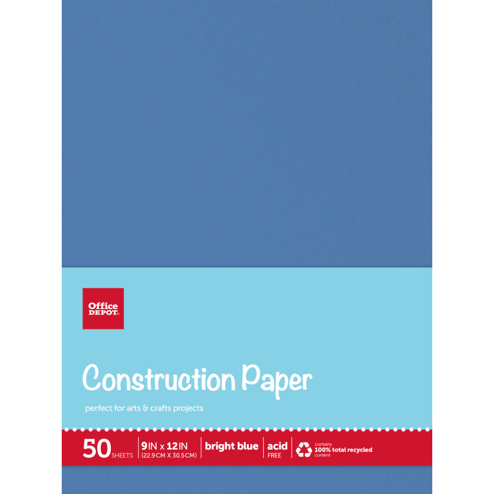 Office Depot Brand Construction Paper, 9in x 12in, 100% Recycled, Bright Blue, Pack Of 50 Sheets