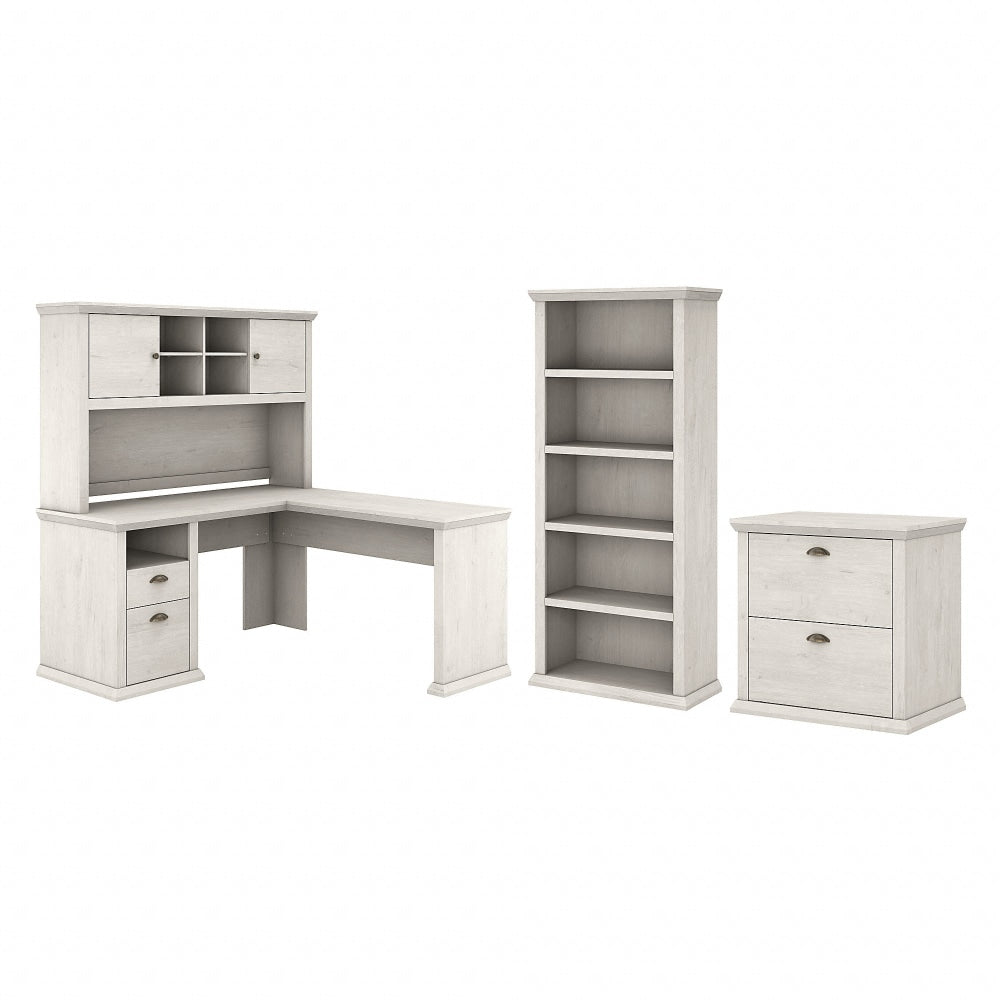 Bush Business Furniture Yorktown 60inW L-Shaped Corner Desk With Hutch, Lateral File Cabinet And 5-Shelf Bookcase, Linen White Oak, Standard Delivery