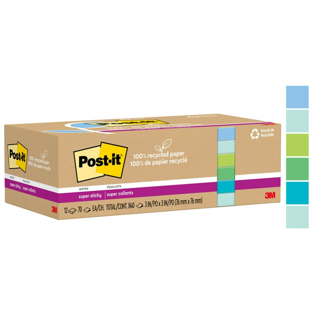 Post-it Super Sticky Recycled Notes, 3 in x 3 in, 12 Pads, 70 Sheets/Pad, Oasis collection