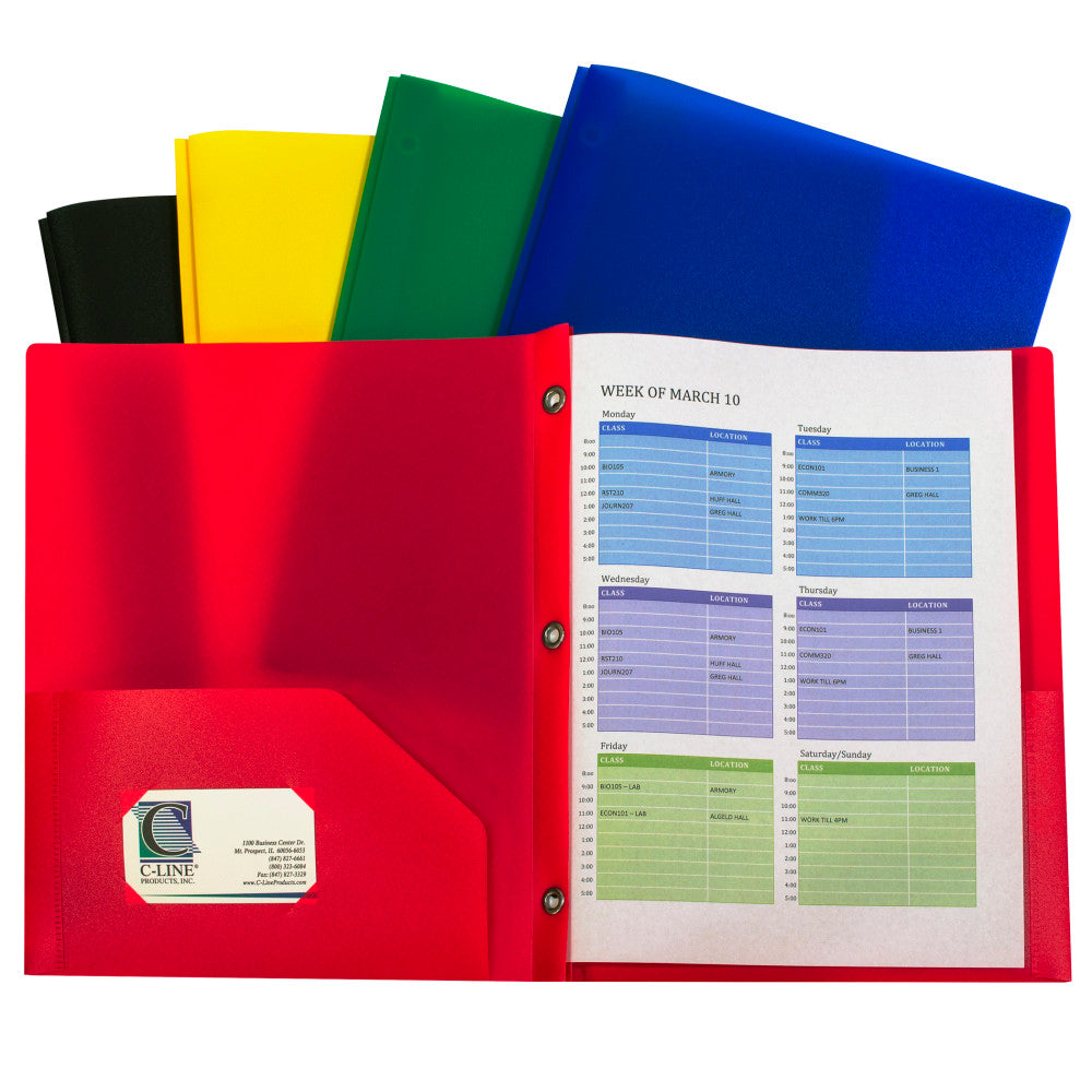 C-Line 2-Pocket Heavyweight Poly Portfolio Folders With Prongs, Assorted Colors, 10 Folders Per Pack, Set Of 2 Packs