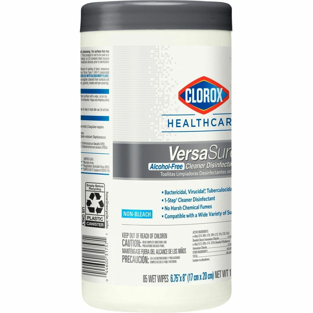 Clorox Healthcare VersaSure Cleaner Disinfectant Wipes - Wipe - 6.75in Width x 8in Length - 85 / Canister - 450 / Pallet - White