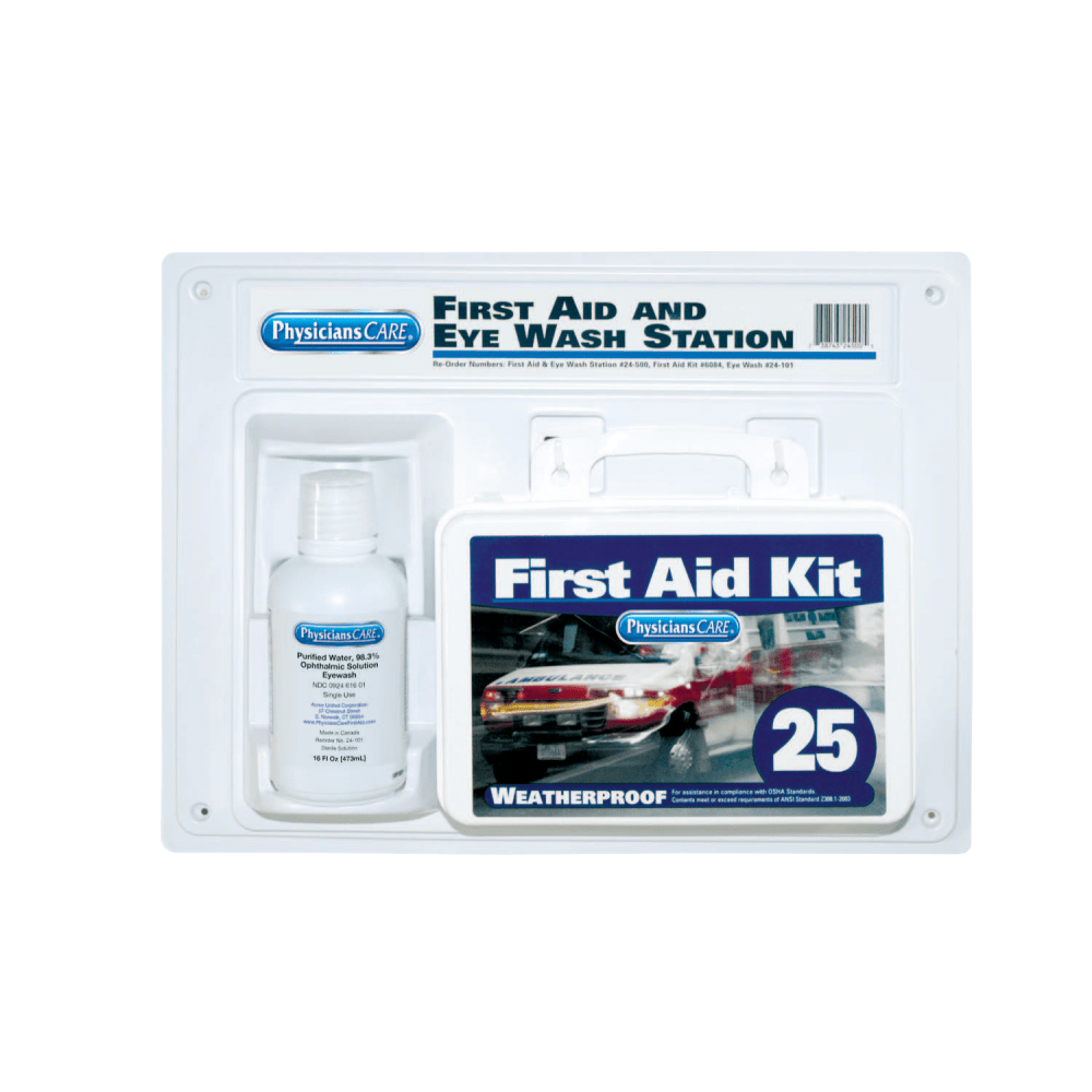 First Aid Kit and Eye Wash Station, 16 oz, 25 Person