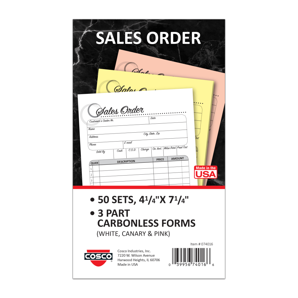 COSCO Sales Order Form Book With Slip, 3-Part Carbonless, 4-1/4in x 7-1/4in, Artistic, 50 Sets