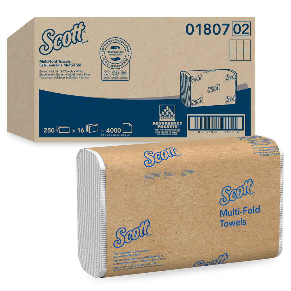 Scott 70% Recycled Fiber Multifold Paper Towels, 9.2in x 9.4in, White, 250 Towels Per Pack, Carton Of 16 Packs