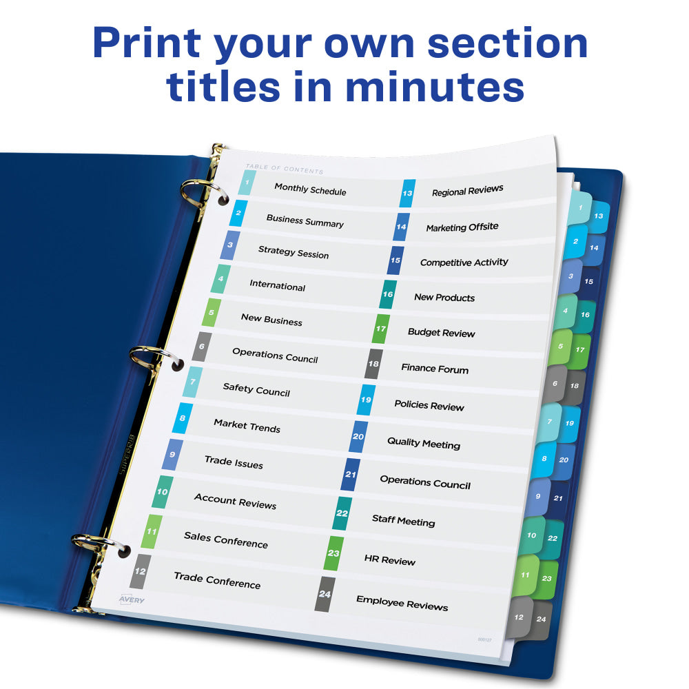 Avery Ready Index 1-24 Tab Double Column Binder Dividers With Customizable Table Of Contents, 8-1/2in x 11in, 24 Tab, White/Multicolor, 1 Set