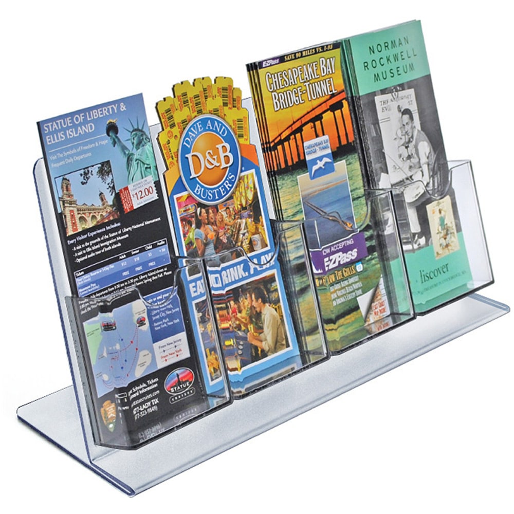 Azar Displays 4-Pocket Acrylic Slant-Back Brochure Holders, 8-1/2inH x 17-1/2inW x 5inD, Clear, Pack Of 2 Holders