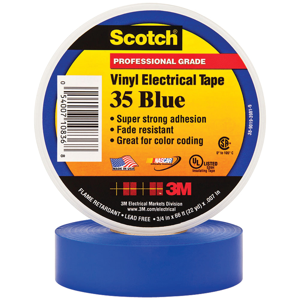 3M 35 Color-Coded Vinyl Electrical Tape, 1.5in Core, 0.75in x 66ft, Blue, Pack Of 10