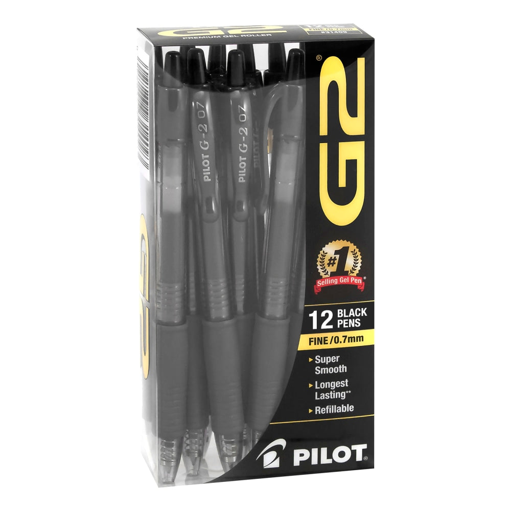 Pilot G2 Retractable Gel Pens, Fine Point, 0.7 mm, Clear Barrels, Black Ink, Pack Of 12 Pens